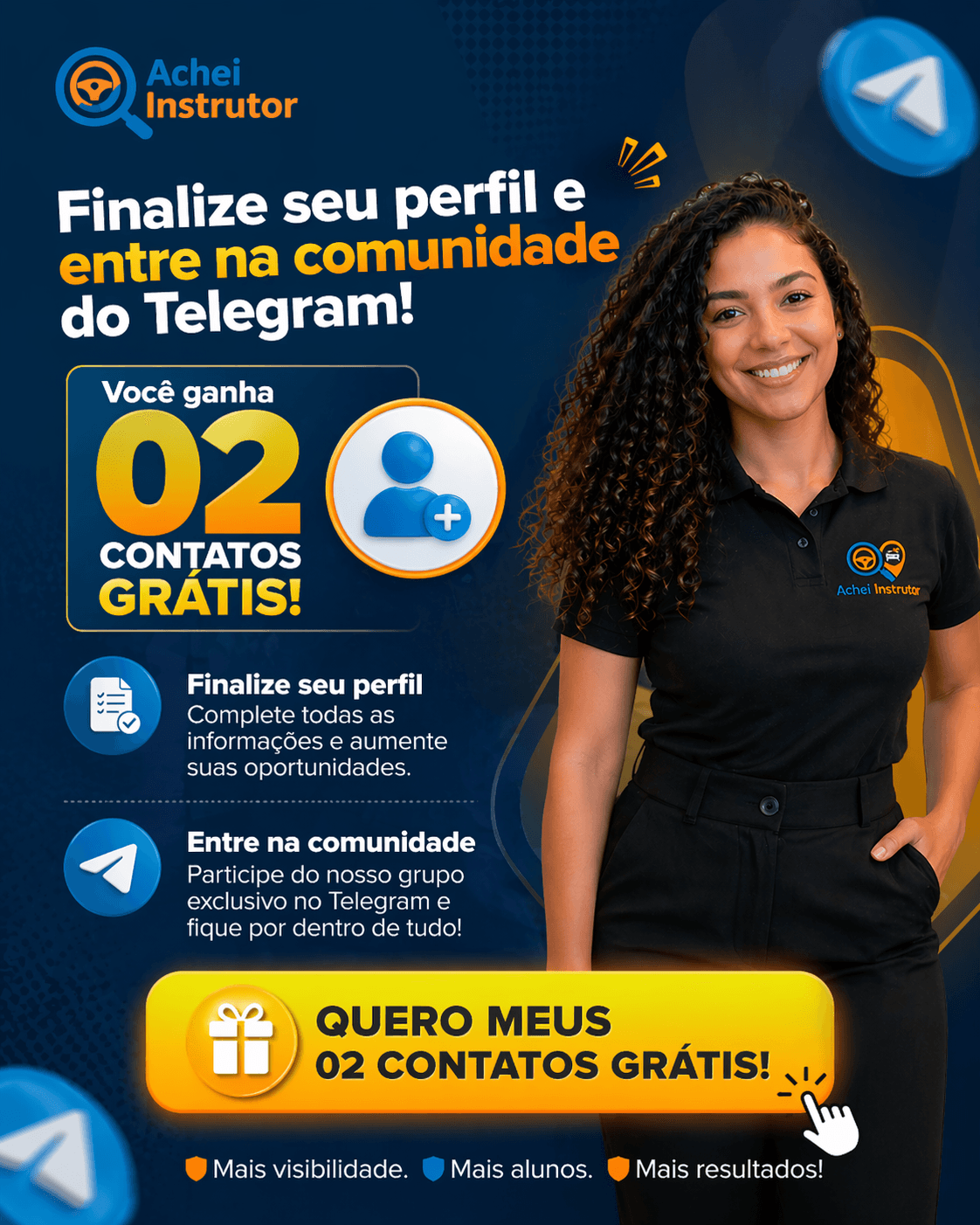Instrutora destacando os benefícios de finalizar o perfil e entrar na comunidade do Telegram